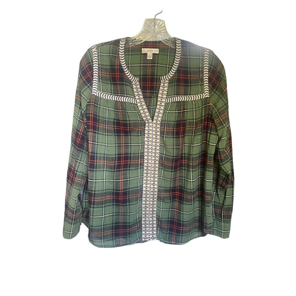 JCrew Embroidered Cotton Long Sleeve Green Plaid Peasant Blouse Size 2